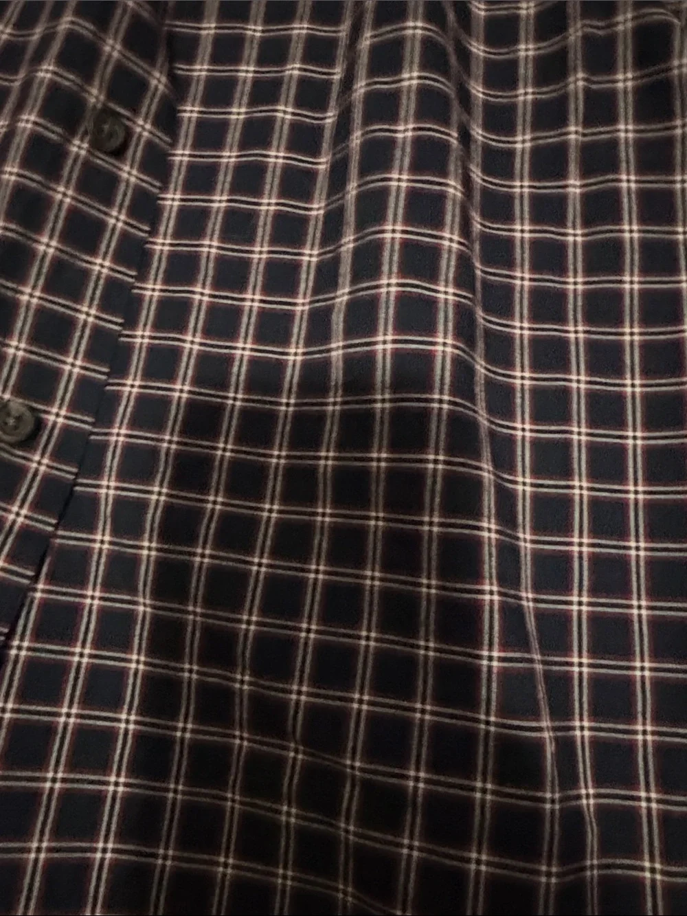 Men’s Banana Republic black Plaid Button-Up with Red and White Accents untucked